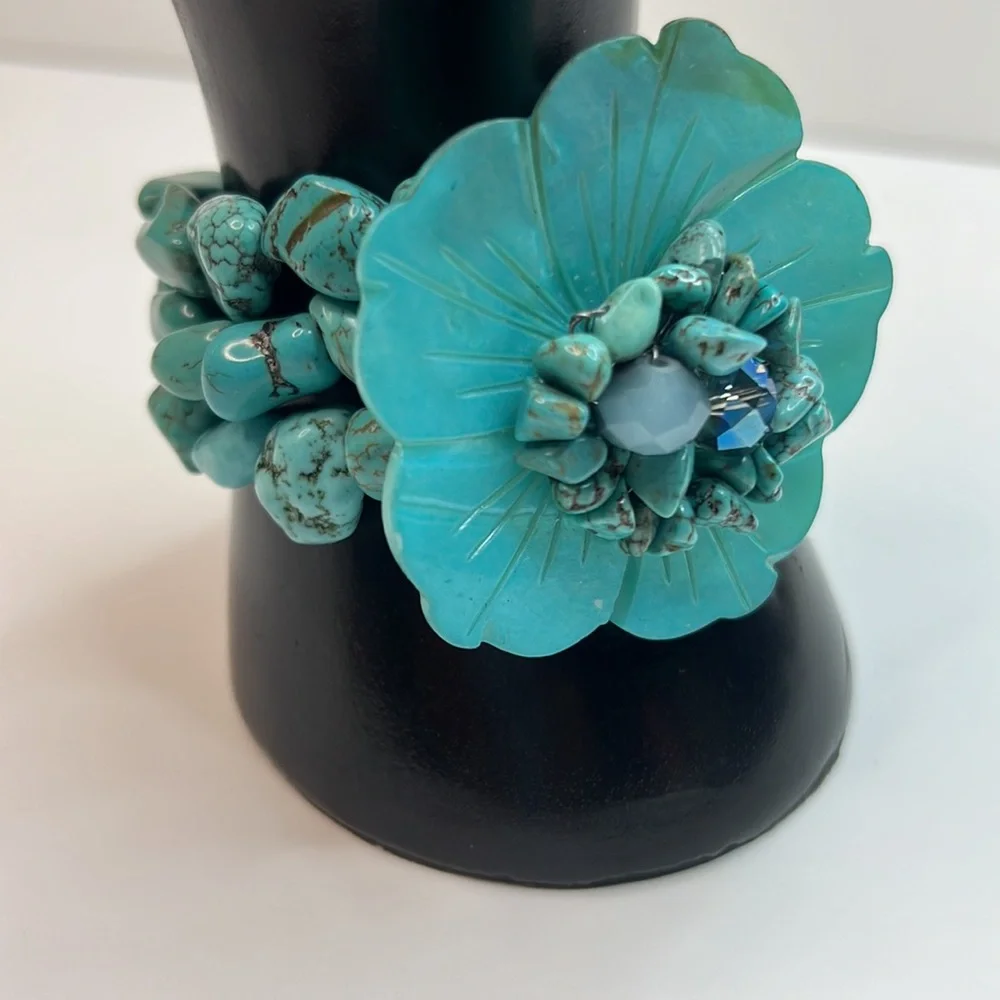 Hand Beaded Turquoise 3-Strand Floral Bracelet